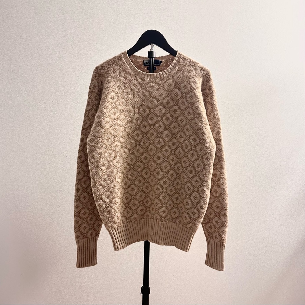 Vintage Polo Ralph Lauren Tan Camelhair Crewneck Diamond Intarsia Sweater Size M